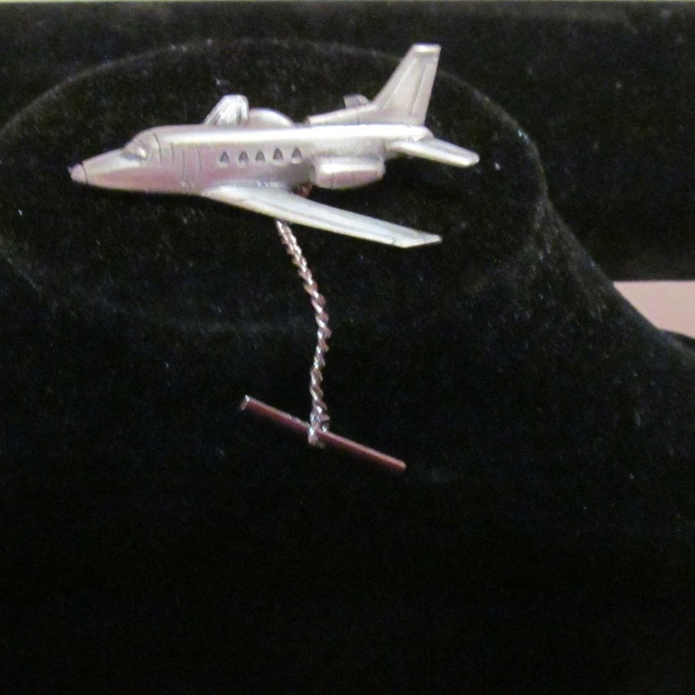 Mens silver tone airplane push pin tie tack